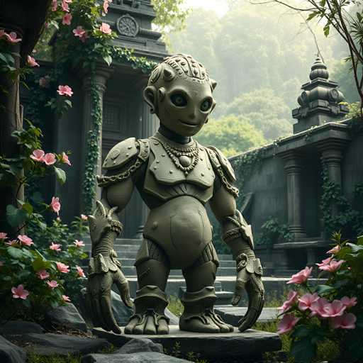 The image depicts a highly detailed, computer-generated scene of a futuristic, possibly alien, statue standing in a lush garden. The statue, which appears to be made of a grayish-green material, resembles a humanoid figure with distinct features: large, green eyes, a small mouth, and a head adorned with a helmet-like structure. It has prominent ears, a muscular build, and is equipped with armor, including shoulder pads and a chest plate. The statue's hands are particularly notable, featuring three long, claw-like fingers. Surrounding the statue are vibrant pink flowers and green leaves, adding a touch of natural beauty to the scene. In the background, there are stone buildings with pillars and steps, some of which are overgrown with vines. The setting is further enhanced by the presence of trees and a mountain range in the distance, creating a serene yet mysterious atmosphere.