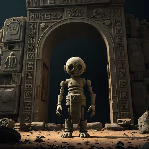 A weathered, ancient stone archway stands in a desolate, sandy landscape. A small, robotic figure with large, glowing eyes stands in the center of the archway, facing forward. The arch is intricately carved with hieroglyphics and weathered details, suggesting a long-forgotten civilization. The overall style is a blend of ancient Egyptian and retro-futuristic aesthetics, creating a mysterious and otherworldly atmosphere.