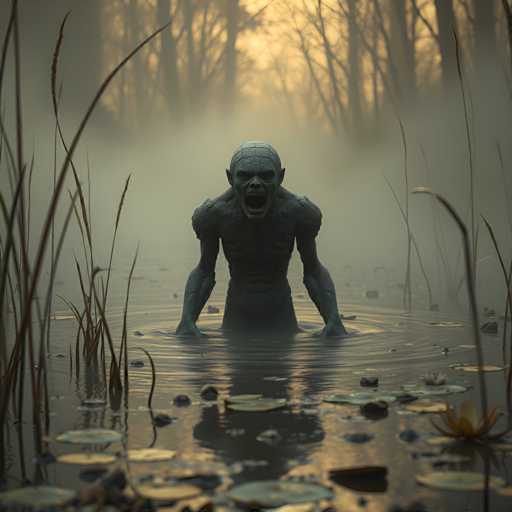 A green statue of a person is seen emerging from a body of water with reeds and lily pads surrounding it. The statue appears to be in the process of climbing out of the water, possibly due to its position being submerged for an extended period.