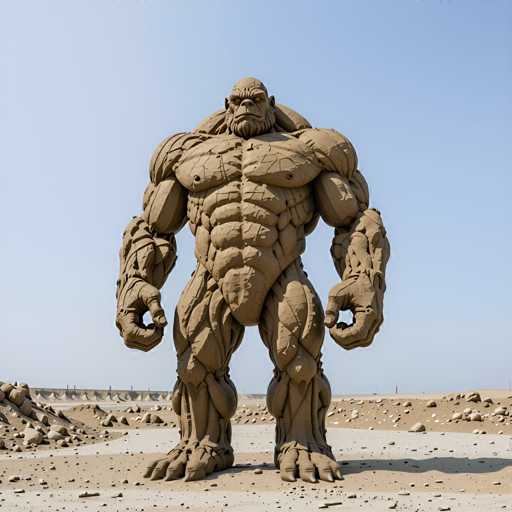 A large sand sculpture of a muscular man with a beard and mustache stands on a sandy beach against a clear blue sky. The sculpture is made from brown sand and features intricate details that showcase the artist's skill in creating lifelike figures out of sand.
