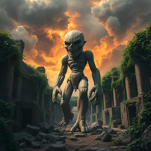 The image depicts a computer-generated scene of a monstrous creature towering over the ruins of an ancient city. The sky is filled with dark, ominous clouds, illuminated by a fiery orange glow that suggests a setting sun. The creature, which appears to be made of stone or clay, has a large, skull-like head with deep-set, dark eyes, a small nose, and a wide, menacing grin filled with sharp teeth. Its body is slender and muscular, with long arms ending in large, claw-like hands. The creature's feet are broad and flat, with three toes on each foot, and it stands amidst a landscape of broken stone pillars and scattered rubble. The ancient buildings surrounding it are in a state of decay, with green vines and moss creeping over the walls, adding to the sense of abandonment and desolation. The overall atmosphere is eerie and foreboding, as the monstrous figure gazes directly at the viewer, creating a chilling and dramatic scene.