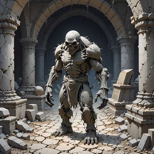 The image depicts a large, gray stone statue of a monster standing in the center of an ancient ruins site. The statue is depicted from the front and has its arms raised above its head, giving it a commanding presence. The ruins surrounding the statue are made up of various columns and pillars, adding to the overall sense of history and mystery.