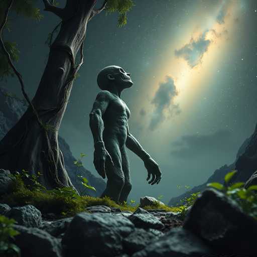 The image depicts a surreal, computer-generated scene featuring a muscular, humanoid statue with a skeletal head, standing on a rocky terrain. The statue, which appears to be made of stone or clay, is positioned in the center of the image, gazing upwards towards the sky. To the left of the statue stands a large, gnarled tree with a thick trunk and sparse branches, its roots extending into the rocky ground. The sky above is a deep blue, adorned with a prominent, glowing streak of light—likely representing the Milky Way or Northern Lights—casting an ethereal glow over the scene. The overall atmosphere is dark and mysterious, with the statue's skeletal features and the eerie, luminous sky creating a hauntingly beautiful contrast.