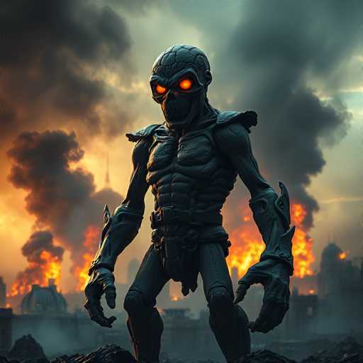 The image depicts a menacing, skeletal figure that appears to be a hybrid between a skeleton and a robot. The creature's head is bald and skull-like, with glowing orange eyes that add to its eerie appearance. Its body is covered in armor, including a chest plate and shoulder pads, and it has long, claw-like hands. The figure stands amidst a chaotic scene of destruction, with multiple buildings engulfed in flames and thick smoke billowing into the sky. The background is filled with the glow of fires and the silhouette of buildings, creating a dramatic and intense atmosphere. The overall color palette of the image is dominated by dark grays and blacks, with the fiery orange of the flames providing a stark contrast. The creature is positioned centrally in the image, drawing immediate attention to its imposing presence against the backdrop of devastation.