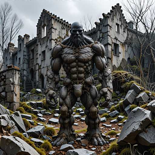 A colossal, monstrous figure stands in the foreground of a desolate, ruined castle. The creature is humanoid in form but appears to be constructed from dark, jagged stone or bone-like material. It has a massive, skull-like head with glowing eyes and a gaping mouth filled with sharp teeth. The figure is heavily armored, with thick, textured limbs and a body covered in what looks like interwoven vines or roots. 

The castle in the background is equally dilapidated, with crumbling walls, broken windows, and a general sense of decay. The ground around the creature is littered with large, jagged rocks and patches of withered vegetation. A dark, overcast sky hangs above, casting a somber atmosphere over the scene. The overall impression is one of a post-apocalyptic or fantasy setting, with a sense of ancient power and decay.