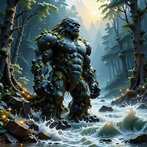 A colossal, dark grey gorilla-like creature with a muscular build and green foliage growing on its body stands in a rushing river. The creature's skin is textured like stone, and vines and leaves are wrapped around its arms, legs, and torso. Its eyes glow with a warm orange light, and it has a thick, dark mane of hair. The creature is positioned in the center of the image, with water cascading around its feet and splashing upwards. The background is a misty forest with tall, dark trees and glowing orbs of light scattered among the foliage. The overall atmosphere is mystical and fantastical, with a sense of power and ancient presence.