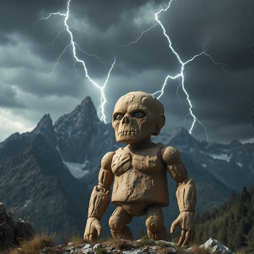 A weathered, ancient-looking stone robot figure stands on a rocky outcrop in a mountainous landscape under a dramatic, stormy sky with lightning. The robot is humanoid in form, with a large skull-like head and detailed, textured body made of rough stone. The background features towering mountains shrouded in dark clouds, with streaks of bright lightning illuminating the scene. The overall mood is one of mystery and perhaps a touch of awe, emphasizing the contrast between the ancient, static robot and the dynamic power of nature.