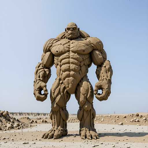 A colossal, intricately detailed sculpture of a giant, muscular creature stands in a vast, sandy desert under a clear, bright sky. The sculpture is made of a light-colored, textured material, possibly clay or stone, and depicts a powerful, humanoid figure with thick limbs, a large head, and a textured body. The creature's posture is upright, with its arms slightly outstretched, emphasizing its immense size and strength. The surrounding desert landscape features loose sand, scattered rocks, and a distant horizon with what appears to be some construction or industrial structures. The overall lighting is bright, casting subtle shadows that highlight the texture and form of the sculpture.