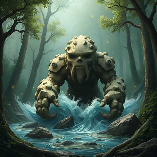 The image depicts a large stone statue of a creature with horns and a beard standing on the bank of a river surrounded by trees. The statue is positioned centrally within the frame, facing towards the right side of the image. The background features a dense forest filled with tall trees that create a sense of depth and mystery.