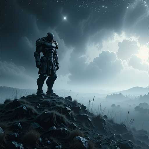 The image depicts a highly detailed, computer-generated scene of a futuristic warrior standing on a rocky hilltop. The warrior, clad in an intricate suit of armor that covers his entire body, including a helmet, chest plate, shoulder pads, and leg guards, stands with his arms at his sides, gazing into the distance. The armor features a skirt-like design, and the warrior's face is obscured by the helmet. The hilltop is covered in rocks and sparse grass, with a few weeds poking through. In the background, a dense forest of tall trees stretches out, shrouded in a thick fog. The sky above is filled with dark, ominous clouds, and a bright light emanates from the right side, possibly indicating the sun or moon. A particularly bright star shines in the top left corner of the sky, adding to the dramatic atmosphere of the scene.