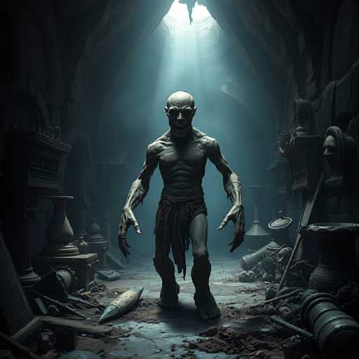 The image depicts a large, eerie room with a single figure standing in the center of it. The figure is depicted as a large, pale-skinned creature with long arms and legs, giving it an imposing presence. The creature appears to be in distress or fear, possibly due to its surroundings. The room itself is dark and filled with various objects scattered throughout, including vases, barrels, and other items that contribute to the overall atmosphere of the scene.