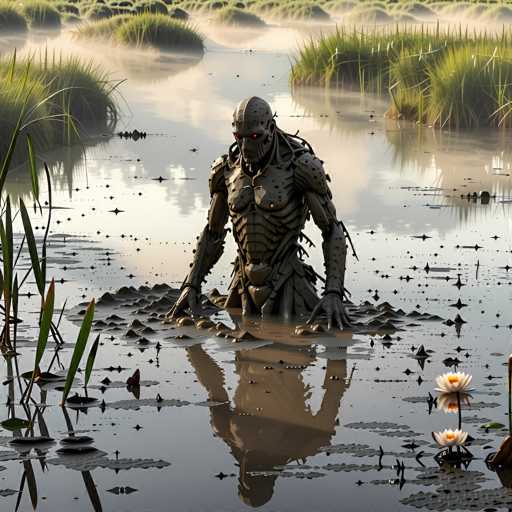 A detailed, surreal digital painting of a humanoid figure submerged in murky water, resembling a creature from the Alien universe. The figure is clad in a dark, organic-looking exoskeleton with visible mechanical details and glowing red eyes. It's partially submerged in a swampy, muddy environment with tall, green reeds and lily pads floating on the water's surface. The overall lighting is soft and atmospheric, with a slightly hazy quality suggesting low light conditions or mist. The figure's reflection is visible on the water's surface, creating a sense of depth and mystery. The scene evokes a feeling of isolation, danger, and otherworldly presence.