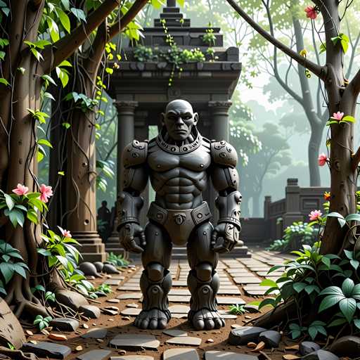 The image depicts a statue of a man with a muscular build and a chain around his neck standing on a stone path surrounded by lush greenery. The background features trees and bushes, creating a sense of depth and natural beauty.