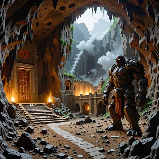 The image depicts a highly detailed, computer-generated scene of a colossal armored figure standing within a cavernous setting. The giant warrior, clad in intricate black and gold armor, features a distinctive red loincloth and has glowing white eyes. The figure's imposing presence is accentuated by its massive feet, which are clad in armored boots with three toes each. The cavern itself is a mix of brown and gray hues, with jagged rocks and a stone pathway leading outwards. To the left, a set of stairs ascends to a door adorned with hieroglyphics, suggesting an ancient or mystical entrance. The background reveals a castle-like structure with multiple fireplaces emitting smoke, adding to the medieval ambiance. Beyond the castle, a range of mountains and clouds can be seen, enhancing the depth and scale of the scene. The overall composition suggests a fantastical, possibly AI-generated artwork, rich in detail and atmosphere.