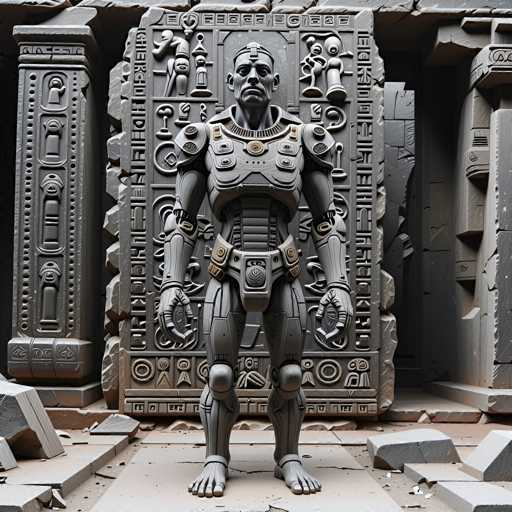 The image shows a 3D rendering of an ancient Egyptian statue of a man standing in front of a stone wall with hieroglyphics and symbols on it. The statue is depicted in a realistic style, with intricate details that bring the scene to life.