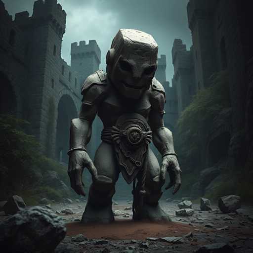 The image depicts a stone statue of a person standing on a rocky terrain with a castle-like structure in the background. The statue is wearing a belt and has a sword at its side, suggesting it may be a guardian or protector figure.