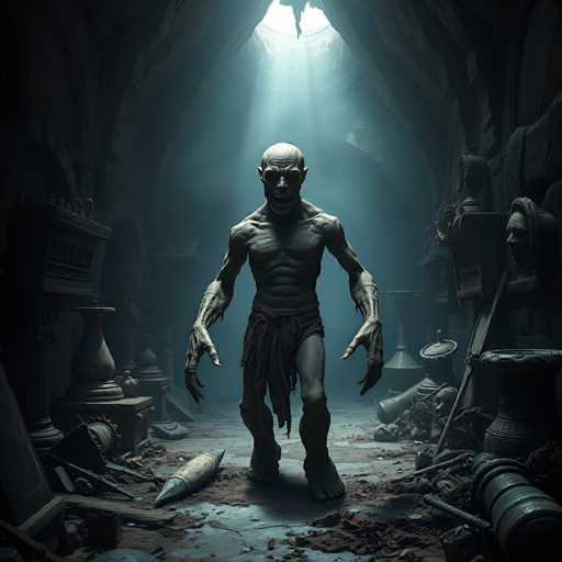 A monstrous, pale humanoid figure with a wide grin dominates the center of a dimly lit, ancient chamber. The creature stands on a dusty stone floor amidst scattered debris and crumbling artifacts. A single beam of light shines down from the ceiling, highlighting the figure's skeletal form and clawed hands. The overall style is dark fantasy, emphasizing a sense of decay and mystery.