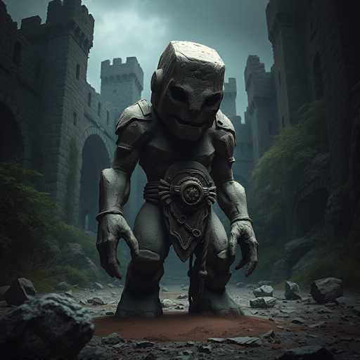 The image depicts a highly detailed, computer-generated scene of a colossal stone statue standing in front of a grand castle. The statue, which appears to be made of gray stone, has a massive, humanoid form with a square head and a menacing face. Its eyes are hollow, and its mouth is slightly open, giving it a sinister expression. The statue's body is adorned with armor, including shoulder pads and a chest plate, and it wears a loincloth-like garment around its waist, which features a prominent circular emblem. The statue's arms are long and muscular, ending in hands with three fingers each, while its legs are short and stubby, with feet that are not clearly visible. The statue stands on a patch of brown dirt, surrounded by scattered rocks and debris. In the background, the castle looms with its tall, gray stone walls, numerous archways, and towers, some of which are topped with spires. The sky above is a mix of gray and white, adding to the overall dark and ominous atmosphere of the scene.