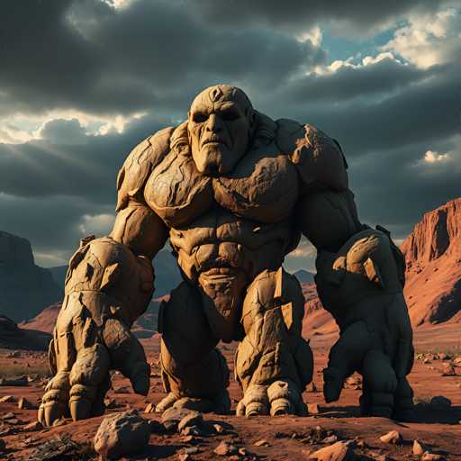 The image depicts a colossal, muscular figure resembling a giant stone statue, standing in a rugged, desert-like terrain. The creature's body is entirely composed of stone, with its massive arms and legs supporting a head that appears to be carved from the same material. Its face is detailed with a pronounced nose, a long chin, and a frowning expression, giving it a menacing appearance. The statue's eyes are dark and shadowy, adding to its intimidating presence. The background features a sky filled with dark, ominous clouds, with only a few patches of blue visible. The ground beneath the statue is a mix of red and brown dirt, scattered with rocks and boulders, enhancing the arid, otherworldly atmosphere of the scene.