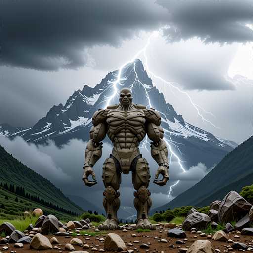 The image depicts a highly detailed, computer-generated scene featuring a colossal, humanoid robot standing in a rugged, rocky terrain. The robot, which appears to be constructed from a metallic or stone-like material, has a humanoid form with a square head, large eyes, and a frowning mouth. Its muscular physique is accentuated by its broad shoulders, massive arms, and well-defined pectoral muscles. The robot's legs are equally robust, with large feet that seem capable of powerful movement.

The setting around the robot is equally dramatic, with the ground beneath it strewn with rocks and boulders. In the background, a towering mountain range looms, its peaks capped with snow and partially obscured by clouds. The sky above is dark and ominous, filled with storm clouds, and a vivid lightning bolt streaks down from the upper right corner, striking the mountain's peak. The overall atmosphere is one of intense, otherworldly drama, blending elements of science fiction and natural power.