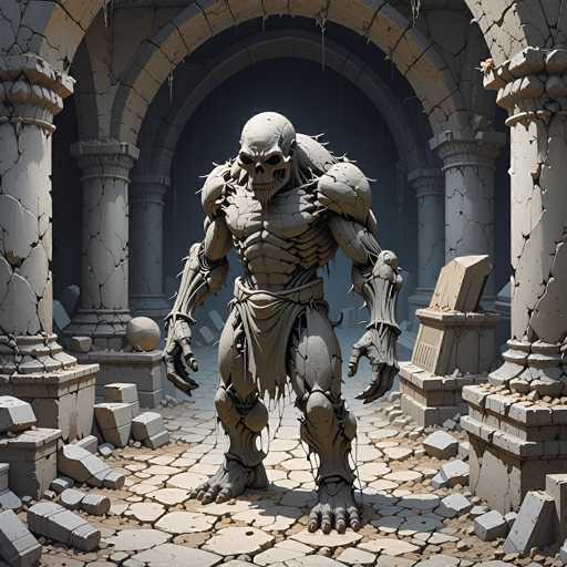 The image depicts a highly detailed, computer-generated scene of a monstrous skeletal figure standing in the ruins of an ancient, abandoned building. The creature, resembling a fusion of a skeleton and a muscular humanoid, has a skull for a head with hollow eye sockets and a gaping mouth. Its body is covered in scales, giving it a reptilian texture, and it has massive, muscular arms and legs. The figure is wrapped in tattered cloth around its waist, adding to its eerie appearance. Surrounding the creature are crumbling stone pillars, broken bricks, and debris scattered across the floor, all in shades of gray. The background reveals more archways and columns, enhancing the sense of an expansive, dilapidated structure. The overall atmosphere is dark and foreboding, with the creature standing prominently in the center, exuding a menacing presence.