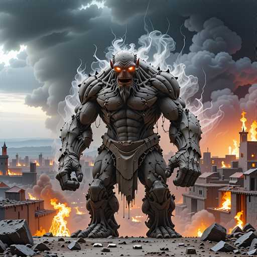 The image depicts a highly detailed, computer-generated scene of a massive, gray stone creature standing amidst the ruins of a burning city. The monstrous figure, reminiscent of a gargoyle or demon, has a muscular, humanoid body with sharp, menacing teeth and glowing orange eyes. Its head is adorned with small horns, and it wears a loincloth made of the same gray stone. The creature's enormous hands are clenched into fists, and wisps of smoke emanate from its body. Surrounding the monster are crumbling buildings and scattered rubble, all engulfed in flames that cast an eerie glow over the scene. The sky above is dark and filled with ominous gray clouds, adding to the overall sense of destruction and chaos.