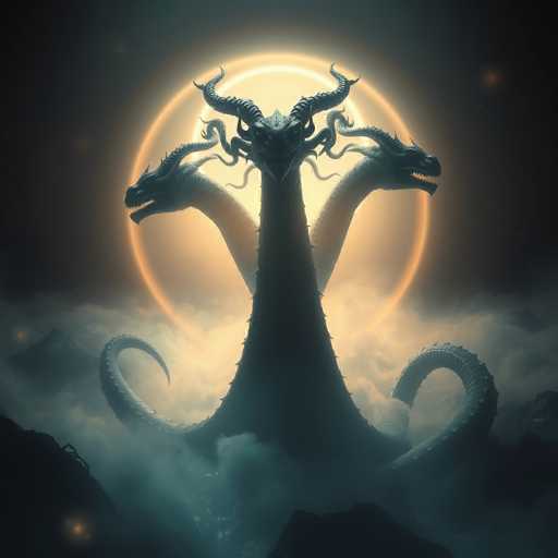 The image depicts a striking, computer-generated scene of a three-headed dragon set against a dark, night sky. The dragon's central head faces forward, with its two side heads turned left and right, each head adorned with long, curling horns. The dragon's body is covered in sharp spikes and features two prominent, curved tails that extend from its midsection, curling back towards its body. The dragon's heads have open mouths, revealing sharp teeth, and the left head appears to be breathing fire. The creature stands amidst a misty, foggy landscape with mountains visible in the background. Behind the dragon, a large, glowing moon casts an orange light that illuminates the scene, creating a dramatic contrast with the dark surroundings. The overall atmosphere is eerie and fantastical, with the dragon's menacing presence dominating the image.