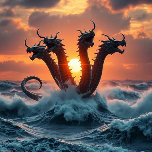 A colossal, four-headed dragon emerges from a turbulent sea, its serpentine necks rising dramatically towards a fiery sunset. The water churns with foamy waves, reflecting the warm, golden light of the setting sun. The dragon's scales are dark and textured, its eyes glowing with an otherworldly intensity. The overall style is highly detailed and fantastical, evoking a sense of awe and power.