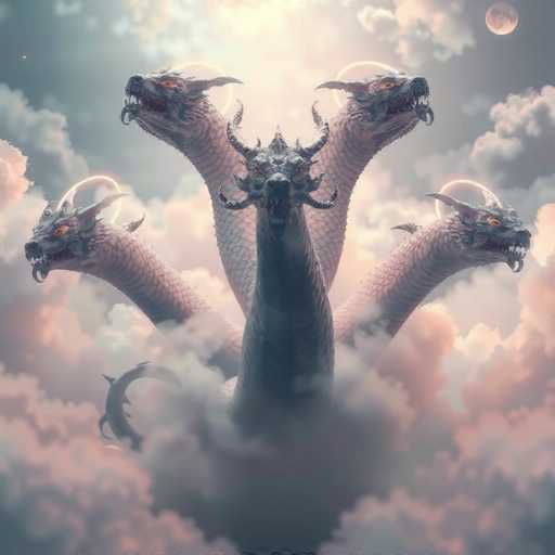 The image depicts a fantastical, computer-generated scene featuring a central dragon-like creature with a long neck, adorned with horns and spikes, and a menacing expression. This creature, which appears to be emerging from a sea of clouds, has five serpentine necks extending outward, each crowned with a similar dragon head. These heads are white with yellow eyes, open mouths, and tongues hanging out, giving them a fierce appearance. The necks are covered in scales, and the entire scene is set against a backdrop of a cloudy sky with a bright sun in the center, casting a pinkish hue over the clouds. In the upper right corner, a full moon is visible, adding to the mystical atmosphere. The overall composition suggests a powerful, mythical beast rising from the clouds, surrounded by a celestial glow.