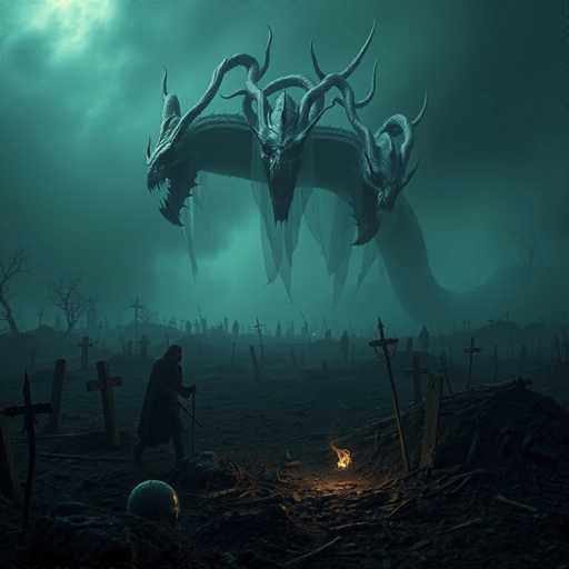 In this eerie and haunting scene, a man clad in a long, dark cloak stands solemnly in a desolate graveyard. The graveyard is filled with numerous headstones, some of which are broken and leaning, creating an atmosphere of decay and abandonment. The ground is littered with debris, adding to the sense of neglect. The man, holding a staff in his right hand, gazes intently at a small fire burning on the ground, which casts flickering shadows around him.

The sky above is a deep, foreboding green, filled with dark clouds that contribute to the overall gloomy ambiance. Dominating the sky is a massive, menacing creature with three heads. Each head has long, twisted horns and sharp teeth, giving it a fearsome appearance. The creature's serpentine body winds through the air, adding to the surreal and unsettling nature of the scene. The man's eyes are fixed on this otherworldly beast, creating a powerful contrast between the human figure and the supernatural entity.