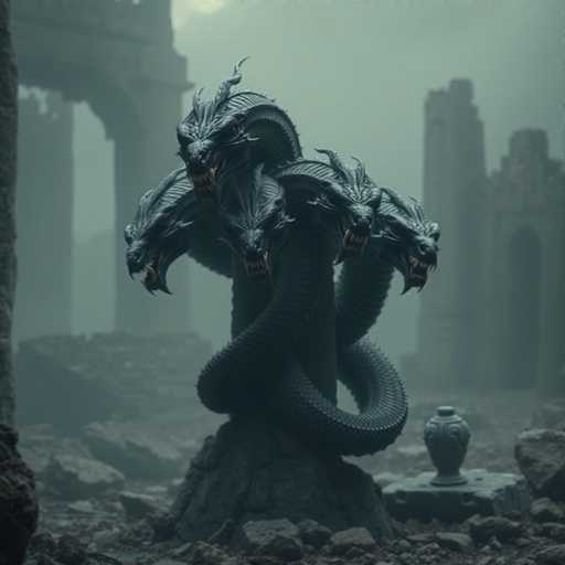 The image depicts a computer-generated scene of ancient ruins, shrouded in a grayish-green haze that adds to the eerie atmosphere. Dominating the foreground is a large, dark gray statue of a multi-headed serpent, reminiscent of Medusa, with five distinct heads. Each head is adorned with horns, sharp teeth, and menacing eyes, all open as if poised to strike. The serpentine body of the statue coils tightly around a central pedestal, which is surrounded by scattered rocks and debris. To the right of the statue, a small, ornate vase or urn sits on a stone slab, adding a touch of delicate detail to the otherwise imposing scene. In the background, partially obscured by the mist, are the remnants of grand stone structures, including archways and columns, suggesting the ruins of an ancient temple or palace. The entire image is rendered in shades of gray, enhancing the somber and mysterious mood.