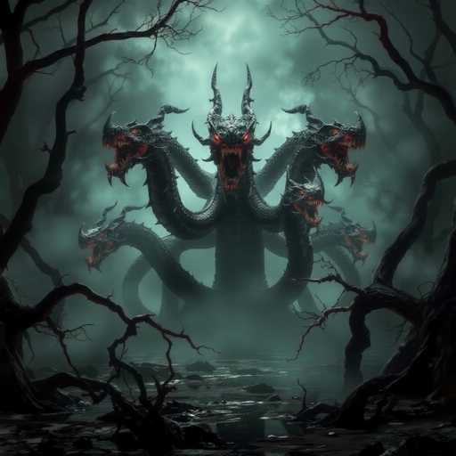 The image depicts a menacing, multi-headed hydra emerging from a dark, swampy pond. The hydra has six heads, each with glowing red eyes and sharp, menacing teeth. Its body is a dark gray, almost black, with horns protruding from its head. The hydra's necks twist and turn in various directions, creating a chaotic and intimidating appearance. Surrounding the hydra are gnarled, leafless trees that contribute to the eerie atmosphere. The sky above is a dull gray, with a faint light piercing through the clouds, casting a dim glow over the scene. The hydra's tentacles are visible below the water, adding to the overall sense of dread and otherworldliness. The entire image is shrouded in a misty fog, enhancing the sinister and supernatural ambiance.