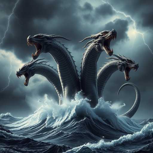 The image depicts a dramatic scene of a sea monster emerging from the tumultuous ocean. The creature, resembling a dragon, has four long necks, each crowned with a head that is open wide, revealing sharp teeth and menacing eyes. The heads are positioned in a way that they are all facing different directions, adding to the chaotic energy of the scene. The monster's body is covered in scales and adorned with spikes along its necks, enhancing its fierce appearance. A long tail extends from the right side, curling upwards. The ocean around the creature is dark and stormy, with large waves crashing violently, creating white foam and spray. The sky above is filled with dark, ominous clouds, and a single lightning bolt pierces through, illuminating the monster's fearsome visage. The overall atmosphere is one of intense drama and natural fury, capturing the raw power of this mythical beast in its watery domain.