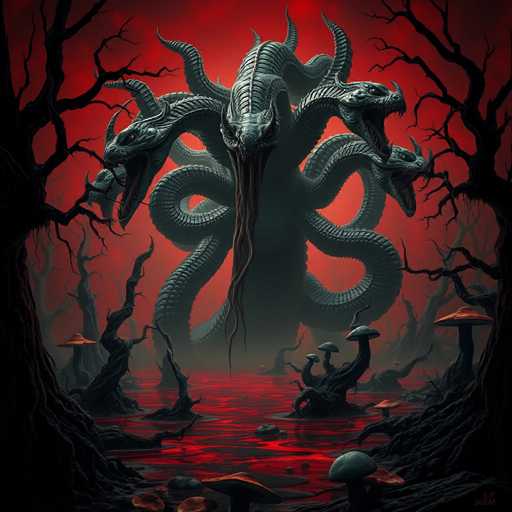 The image depicts a menacing, octopus-like creature with a serpentine body and eight heads, each adorned with horns and open mouths revealing sharp teeth. The creature's body is covered in scales, and from its mouth dangle long, brown tentacles. It stands ominously in a crimson pool of water, surrounded by gnarled, leafless trees that resemble twisted fingers reaching into the air. The ground is littered with mushrooms, some red and some green, adding to the eerie atmosphere. The entire scene is bathed in a sinister red glow, enhancing the foreboding and otherworldly feel of the image.