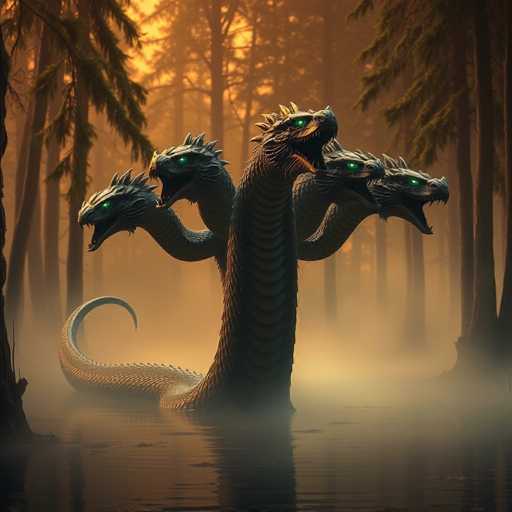 This is a highly detailed, computer-generated image of a mythical multi-headed dragon, reminiscent of the Hydra from Greek mythology. The dragon has five heads, each with glowing green eyes and mouths open as if roaring. Its body is covered in scales, and it has a long, serpentine neck that curves into a tail. The dragon stands in a still, reflective body of water, creating a mirror image beneath it. Surrounding the dragon are tall, slender trees with sparse branches, and the scene is bathed in a yellowish-orange light, suggesting either dawn or dusk. The background is misty, adding to the eerie and mystical atmosphere of the image.