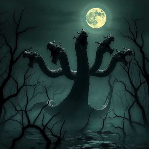 The image depicts a dark, eerie scene set in a swamp under a full moon. At the center of the composition is a menacing, multi-headed creature resembling a dragon or hydra. This beast has six heads, each adorned with horns and sharp teeth, all open as if roaring. The creature's body is covered in scales and spikes, and it stands on four legs, emerging from the swampy water. Surrounding the creature are barren, leafless trees with gnarled branches, adding to the desolate atmosphere. The sky is a deep, dark blue, with the moon casting a yellowish glow, enhancing the overall spooky and mysterious mood of the scene.