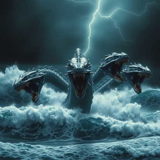 The image depicts a menacing sea monster, reminiscent of the mythical kraken, emerging from tumultuous ocean waves. The creature has a long, serpentine neck adorned with spikes along its back and head, giving it a formidable appearance. Its body is covered in scales, and it boasts four heads, each with sharp teeth and menacing eyes. The monster's open mouths reveal rows of jagged teeth, adding to its terrifying visage. Surrounding the creature, the ocean is in a state of chaos, with large waves crashing and creating white foam. Above, the sky is dark and stormy, with a dramatic lightning bolt striking directly behind the sea monster's head, illuminating the scene with an eerie glow. The overall atmosphere is one of impending doom and natural fury, capturing the essence of a mythical beast causing havoc in the seas.