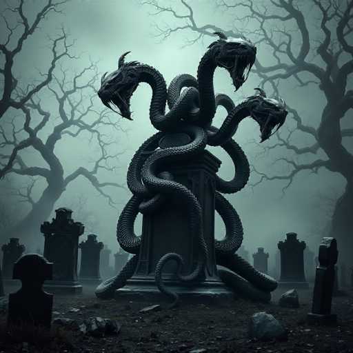 The image depicts a dark and eerie graveyard scene, dominated by a central mausoleum. This mausoleum is intricately designed with three intertwined, black stone serpents that twist and coil around its structure. Each snake head is menacingly open-mouthed, revealing sharp teeth, and they are positioned in different directions: one facing left, one looking straight ahead, and the third turned to the right. The ground around the mausoleum is littered with rocks and dirt, adding to the desolate atmosphere. Surrounding the central structure are numerous headstones of varying shapes and sizes, some with rounded tops and others with flat tops. The background is filled with barren, leafless trees, their twisted branches reaching into the foggy, gray sky, which enhances the overall sense of desolation and mystery.