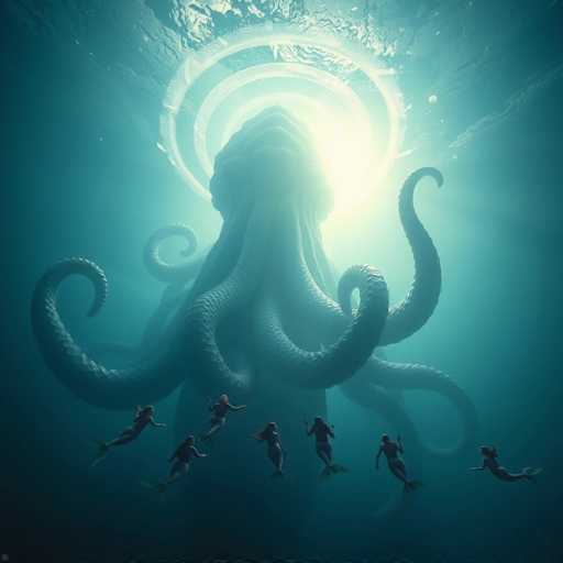 The image depicts a surreal, AI-generated scene of a colossal octopus with an eerie, almost humanoid face. The octopus's tentacles are intricately detailed, curling and twisting in various directions. Surrounding the octopus are seven mermaids, each with long, flowing hair and distinctively colored tails: one with a green tail, another with a yellow tail, and others with tails in shades of blue, red, and orange. The mermaids appear to be swimming towards the octopus, their arms outstretched as if reaching for something. The entire scene is bathed in a bluish-green hue, with the water darkening towards the bottom and lightening as it approaches the surface. The octopus's face is illuminated by a bright light, creating a halo effect around its head, adding to the otherworldly atmosphere of the image.