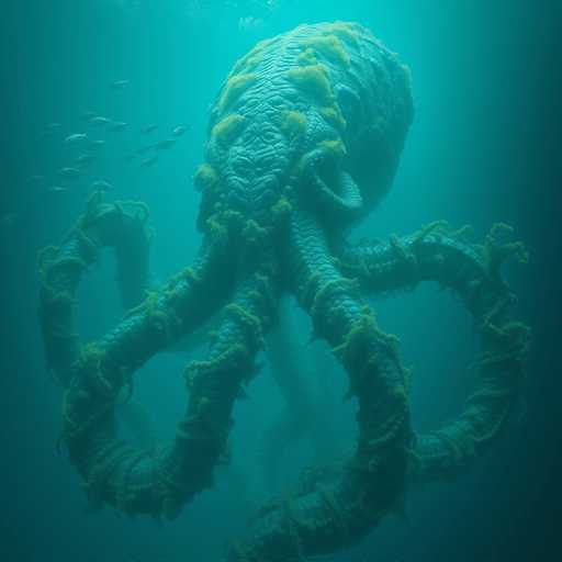 The image depicts a colossal octopus with an unusually large head, seemingly many times larger than its body. Its tentacles are extensive, curling around its massive head and extending far beyond the frame. The octopus's skin is a dark gray, almost black, and its head is adorned with patches of green moss. The tentacles are similarly covered in green moss, giving them a textured appearance. In the background, a school of fish swims away from the octopus, adding a sense of scale and movement to the scene. The water around the octopus is a deep blue, with the edges of the image fading into a darker blue, creating a gradient effect that emphasizes the creature's imposing presence.