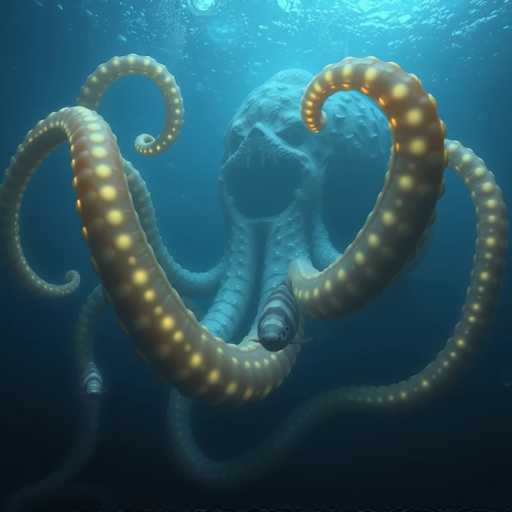 The image depicts a surreal underwater scene featuring a colossal octopus with an eerie, skull-like face. The octopus's tentacles are adorned with numerous small, glowing yellow dots, creating a striking contrast against the deep blue water. The creature's body is a lighter shade of blue, blending seamlessly with its surroundings. In the background, a large, menacing skull looms, adding to the otherworldly atmosphere. The overall composition is dark and mysterious, with the glowing tentacles of the octopus serving as the primary source of illumination.