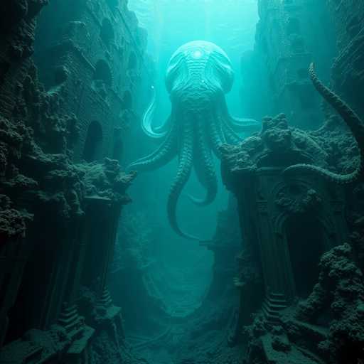 A colossal, bioluminescent kraken dominates a submerged, ancient city. Its glowing, ethereal form navigates through crumbling, coral-encrusted ruins in a dimly lit, underwater scene. The composition is dramatic and hyper-realistic, emphasizing the vast scale of the creature against the decaying architecture. The art style is detailed and atmospheric, evoking a sense of mystery and awe.