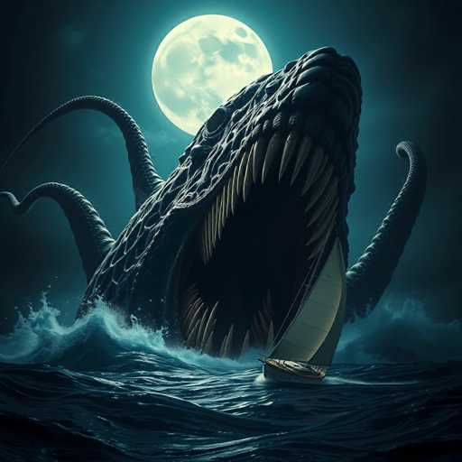 The image depicts a dramatic scene of a monstrous sea creature emerging from the ocean at night. The creature, resembling a giant lizard or dragon, has a long, scaly body with four tentacles extending from its back. Its mouth is wide open, revealing rows of sharp, white teeth, and it appears to be in the act of consuming a small sailboat with a white sail, which is barely visible in the monstrous maw. The creature's head is tilted upward, and its eyes are fixed on the sailboat. The background features a dark, stormy sky illuminated by a large, glowing full moon, casting an eerie light over the scene. The water around the creature is turbulent, with waves crashing dramatically, enhancing the sense of chaos and danger. The overall atmosphere is one of impending doom and horror, as the monstrous entity seems poised to devour the innocent sailboat.