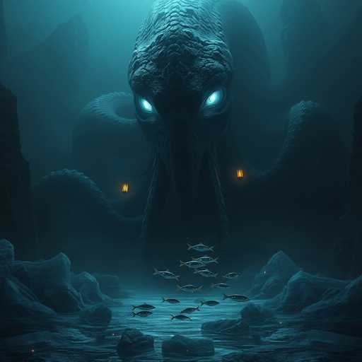 The image depicts a dark, eerie underwater scene dominated by a colossal octopus-like creature with glowing blue eyes. The creature's tentacles, which are numerous and serpentine, extend from its head down into the murky depths. The water is a deep, dark blue, adding to the ominous atmosphere. In the foreground, a school of fish swims near the rocky bottom, seemingly unperturbed by the giant creature looming above. The scene is illuminated by two lanterns hanging from the creature's tentacles, casting a faint glow on the surrounding rocks and water. The overall color palette is muted, with shades of blue, gray, and black, enhancing the mysterious and foreboding nature of the image.