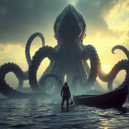 In this captivating image, a colossal octopus dominates the scene, its tentacles gracefully extending across the water. The creature's body is a deep, dark hue, blending seamlessly with the shadowy depths of the ocean. The sky above is a dramatic tapestry of dark clouds, with a striking contrast provided by the sun peeking through the bottom right corner, casting a warm glow over the scene.

In the foreground, a lone figure stands resolutely in the water, gripping a paddle in their right hand and a sword in their left. Clad in a long, dark coat, the person's silhouette is stark against the dimly lit surroundings, adding an element of mystery and tension to the image.

To the right of the paddle, a small boat rests quietly in the water, its presence hinting at a recent journey or an impending adventure. The overall atmosphere of the image is one of foreboding and anticipation, as the solitary warrior faces off against the monstrous octopus under the watchful eye of the sun.