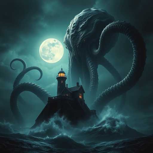 The image depicts a dark, eerie scene reminiscent of a horror movie. At the center, a lighthouse stands on a rocky outcrop, its windows and top brightly illuminated. Surrounding the lighthouse, turbulent waves crash violently against the rocks, creating a chaotic atmosphere. Behind the lighthouse, a monstrous creature emerges from the churning sea. This creature, resembling a giant octopus, has a head with menacing red eyes and tentacles that twist and curl around the lighthouse. The sky above is filled with dark, ominous clouds, partially obscuring a full moon that casts an eerie glow over the entire scene. The overall color palette is dominated by deep blues and blacks, enhancing the sense of dread and foreboding.