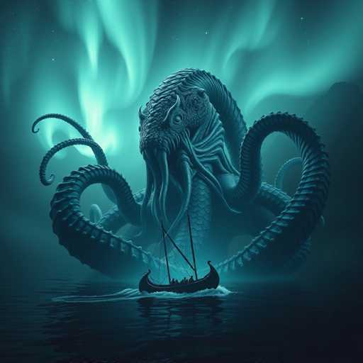 The image depicts a dramatic scene set against a dark, starry night sky illuminated by the ethereal glow of the Northern Lights. At the center of the composition is a colossal, tentacled sea monster, reminiscent of a giant octopus or squid, with numerous tentacles writhing in the water. The creature's head is adorned with menacing horns, and its body is covered in intricate scales. Its tentacles are wrapped around a small Viking ship, which appears to be teetering on the brink of being engulfed. The ship, with its distinctive curved prow and stern, is manned by several people who seem to be in a state of panic, desperately trying to navigate away from the monstrous threat. The water around the ship is turbulent, with waves crashing dramatically, adding to the sense of chaos and danger. The overall atmosphere is one of tension and impending doom as the sea monster looms menacingly over the tiny vessel.
