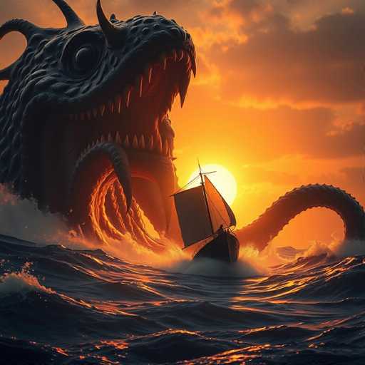 A large dragon is seen from behind a boat on an ocean with the sun setting in the background and clouds above it.