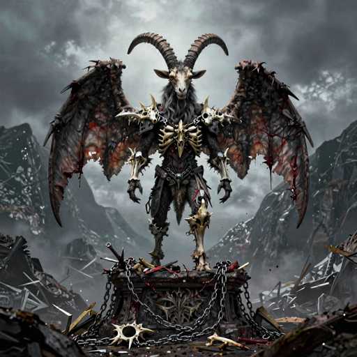 The image depicts a menacing, demonic creature standing atop a pedestal in a desolate, post-apocalyptic landscape. The creature has the head of a goat with long, curved horns and a white face, contrasted by a dark gray beard and a long, black goatee. Its body is adorned with intricate armor, including a golden chest plate shaped like a skull, spiked shoulder pads, and golden knee plates. The creature's arms are black and end in sharp claws, while its legs are also black, ending in hooves. It has large, tattered wings that are primarily gray with hints of red and black, appearing worn and tattered. The pedestal it stands on is dark gray and is surrounded by chains and spikes, adding to the ominous atmosphere. The background features a dark, cloudy sky with snow-capped mountains, and the ground is littered with debris, including spikes and rocks, enhancing the overall sense of desolation and chaos.