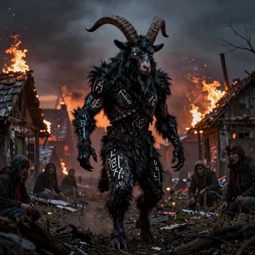 A digital painting in a dark, atmospheric style depicts a monstrous creature resembling a goat-like humanoid figure amidst the ruins of a burning village. The central figure is tall and imposing, with a dark, shaggy coat covered in glowing blue markings that resemble runes or arcane symbols. Its horns are large and curved, and its eyes glow with an eerie green light. The creature's body appears to be a fusion of organic and mechanical elements, with visible metal components integrated into its fur. 

The creature is positioned in the foreground, facing directly towards the viewer with a powerful stance. The background reveals the remnants of a village engulfed in flames, with several buildings engulfed in fiery destruction. People huddle in the background, seemingly survivors of the devastation, their faces obscured by shadows and wearing hooded clothing. 

The overall color palette is dominated by dark, muted tones of grey, black, and deep red from the flames. The glowing blue markings on the creature provide a stark contrast to the darkness, adding an element of mystery and otherworldly power. The scene is bathed in a dim, smoky atmosphere, suggesting a post-apocalyptic or fantasy setting. The composition is dramatic and foreboding, emphasizing the creature's dominance and the devastation of the village.